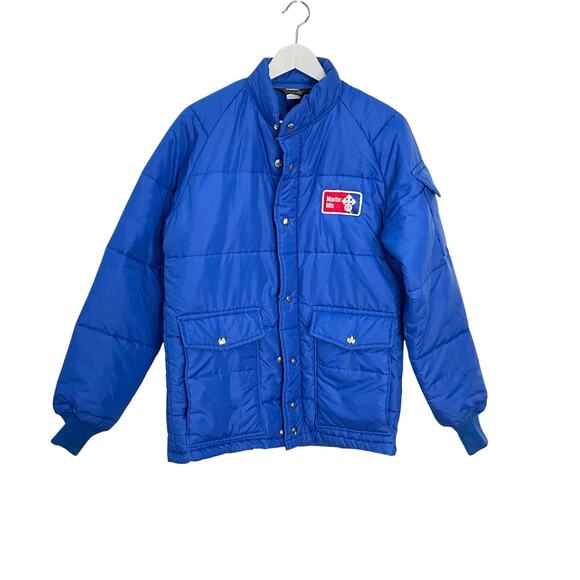 Vintage Swingster Jacket Men's Size S Blue Master Mix Logo 70s Snap Front Puffer - Picture 1 of 10